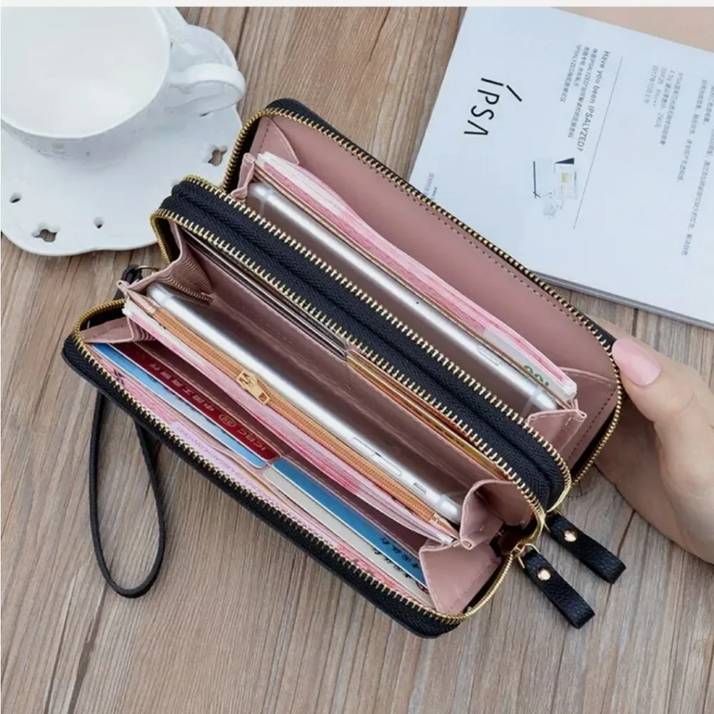 Ladies PU Leather Wallet Double Zipper Card Holder Clutch Purse Long Handbag
